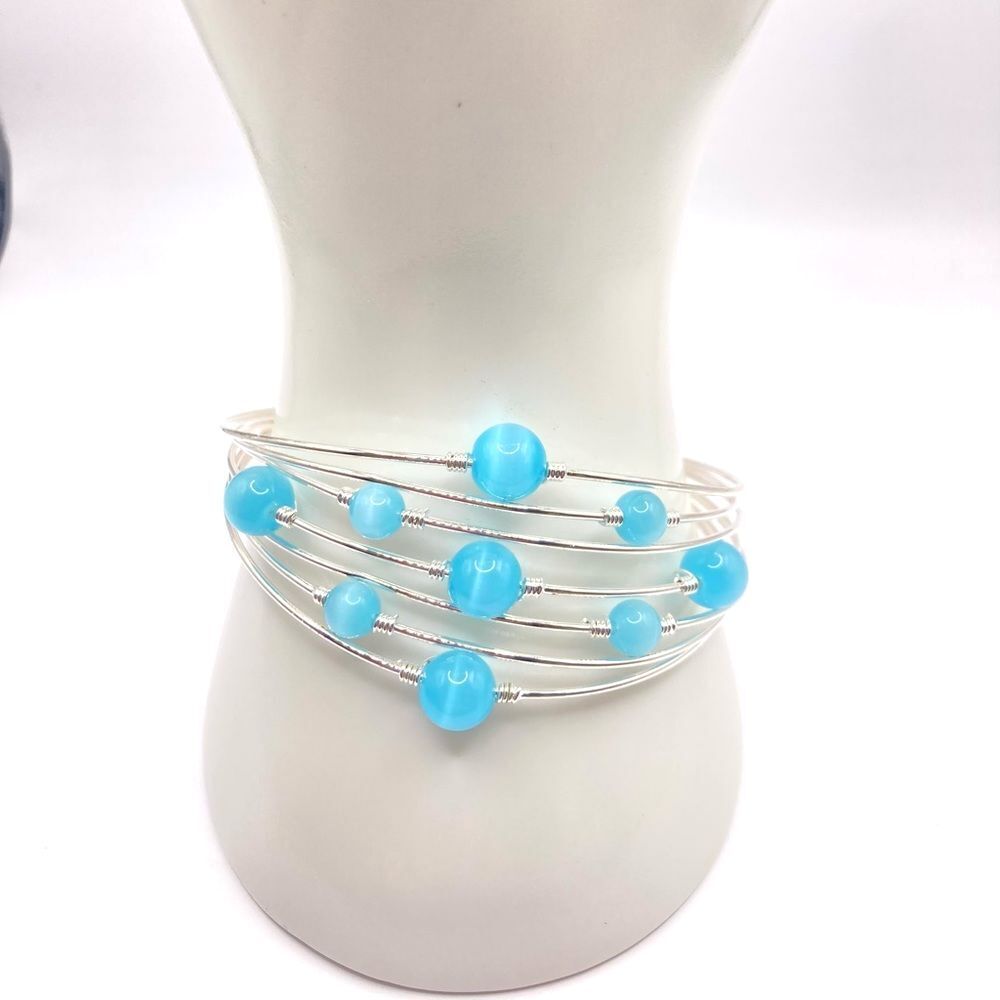 Silver Wire Blue Glass Bead Floating Cuff Bracelet